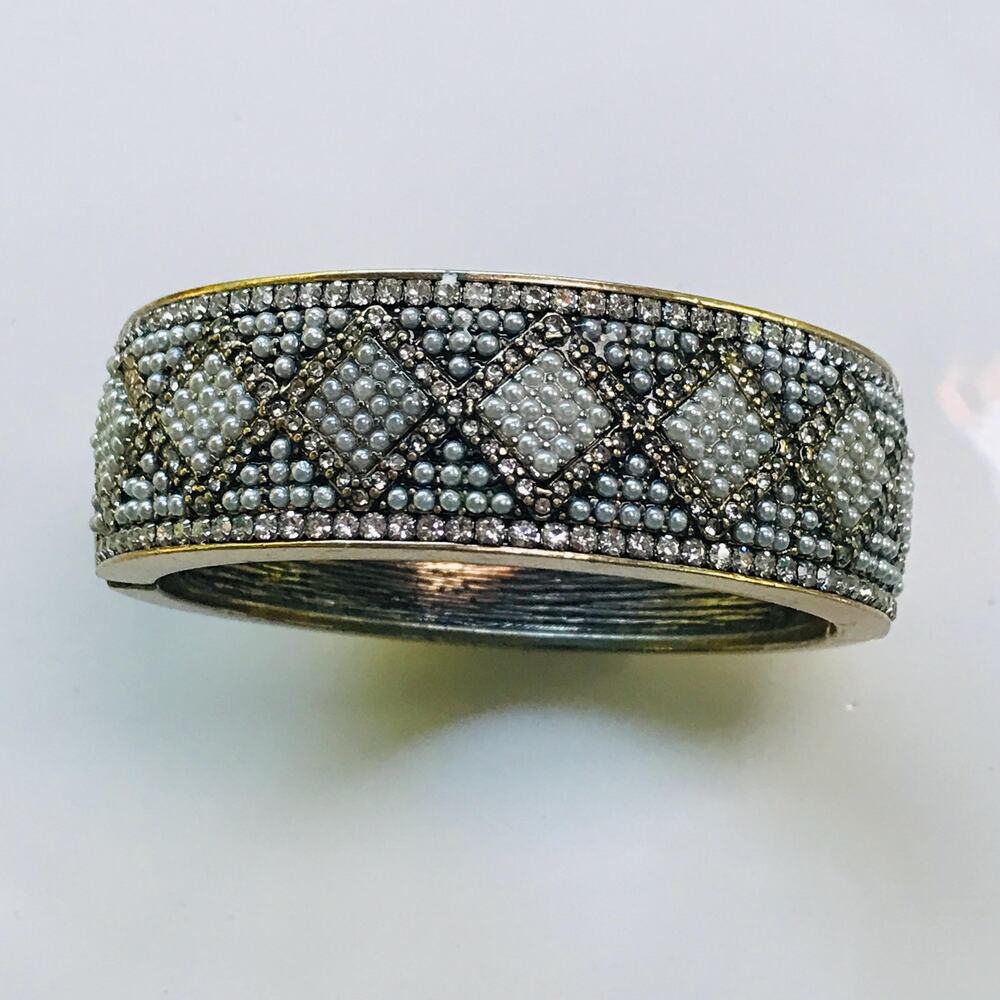Banana Republic Bracelet -Faux Pearl Rhinestone -Wide Hinged Gold Tone Bracelet